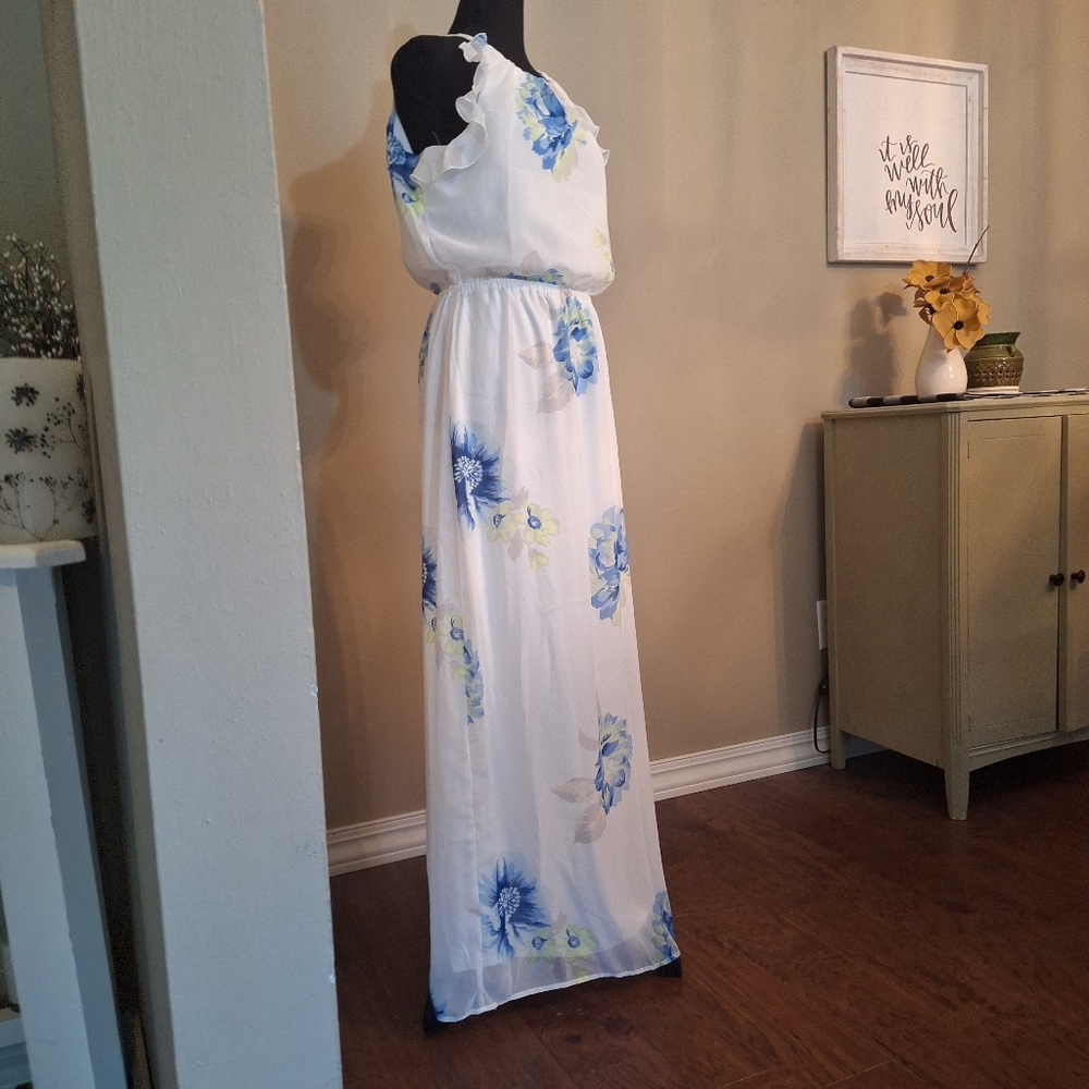 Old Navy White Dress with Blue and Green Floral Pattern Ruffles Mesh Maxi M - Picture 4 of 16